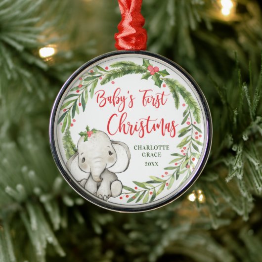 Holly Wreath Elephant Baby's Eerste Kerstmis Metalen Ornament (Boom)