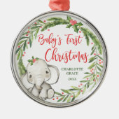 Holly Wreath Elephant Baby's Eerste Kerstmis Metalen Ornament (Voorkant)