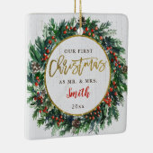 Holly Wreath First Kerstmis als Mr. & Mrs Foto Keramisch Ornament (Rechts)