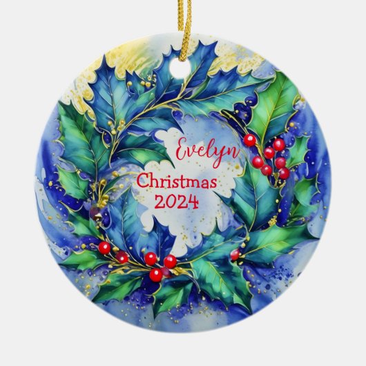 Holly Wreath gepersonaliseerd Ornament (Voorkant)