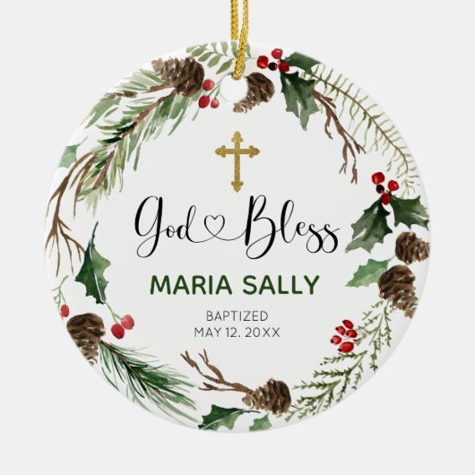 Holly Wreath Girl Baptism Ornament (Voorkant)
