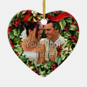 Holly Wreath Heart Photo Personalized Ornament