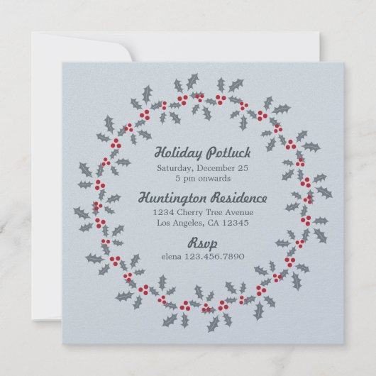 Holly Wreath Holiday Potluck Party Invitation Kaar Kaart (Voorkant)