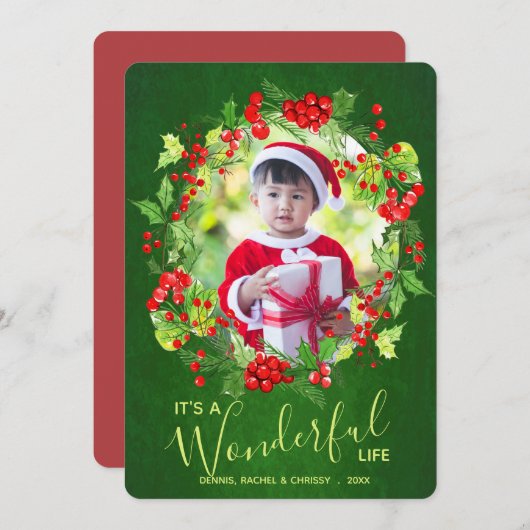 Holly Wreath kerstfoto Feestdagenkaart (Voorkant / Achterkant)