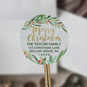 Holly Wreath Merry kerst Return-adres Ronde Sticker