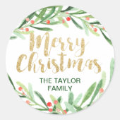 Holly Wreath Merry Kerstmis Ronde Sticker (Voorkant)