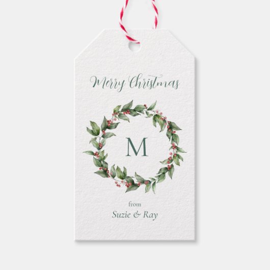 Holly Wreath Monogram Kerstmis Cadeaulabel (Voorkant)