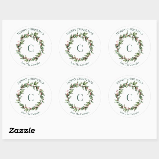Holly Wreath Monogram Vrolijk Kerstfeest Ronde Sticker (Vel)