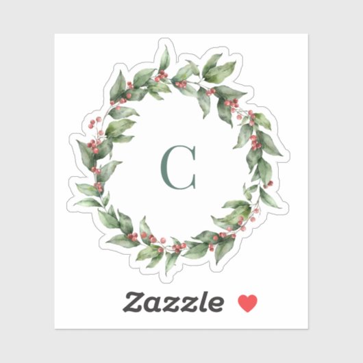 Holly Wreath Monogram Vrolijk Kerstfeest Sticker (Vel)