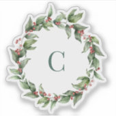 Holly Wreath Monogram Vrolijk Kerstfeest Sticker (Voorkant)
