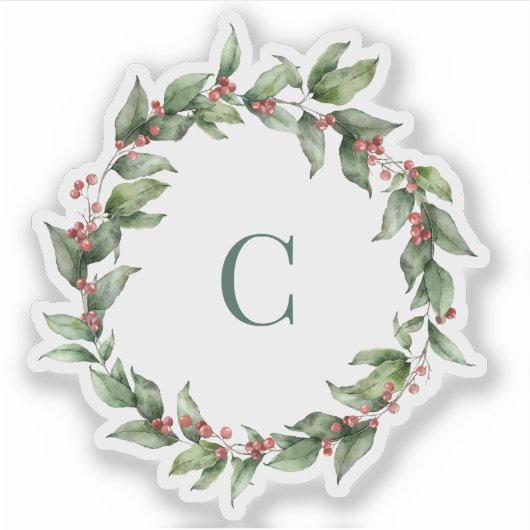 Holly Wreath Monogram Vrolijk Kerstfeest Sticker (Voorkant)