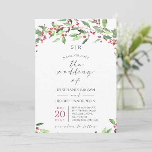 Holly Wreath Monogrammed Holiday Wedding Card Kaart (Staand voorkant)