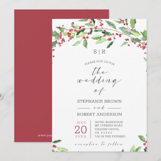 Holly Wreath Monogrammed Holiday Wedding Card Kaart (Voorkant / Achterkant)