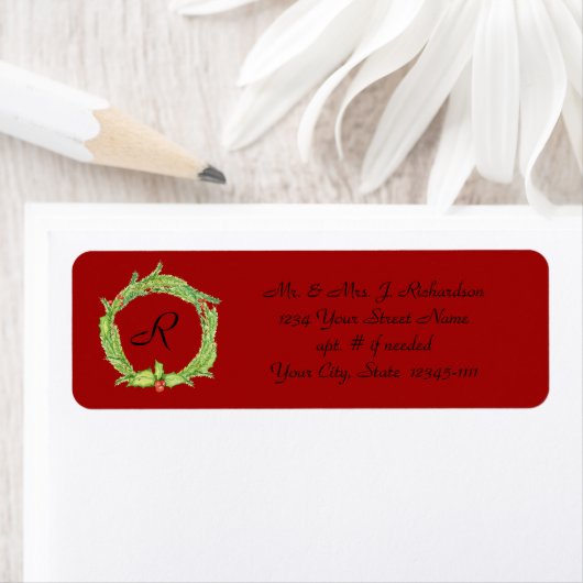 Holly Wreath Monogrammed Return Address Etiket (Insitu)