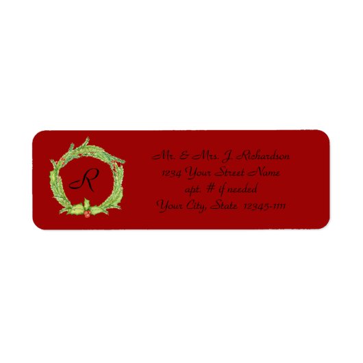 Holly Wreath Monogrammed Return Address Etiket (Voorkant)