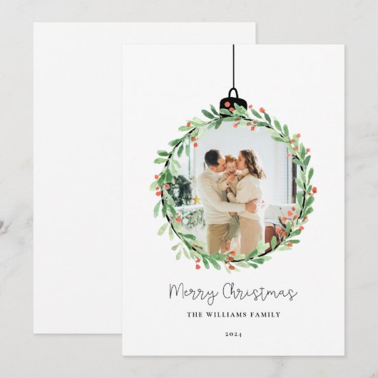 Holly Wreath Ornament Vrolijke Kerstfoto Feestdagenkaart (Voorkant / Achterkant)