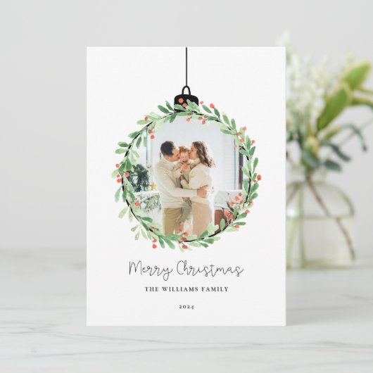 Holly Wreath Ornament Vrolijke Kerstfoto Feestdagenkaart (Staand voorkant)