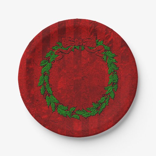 Holly Wreath Red Stripe Papieren Bordje (Voorkant)