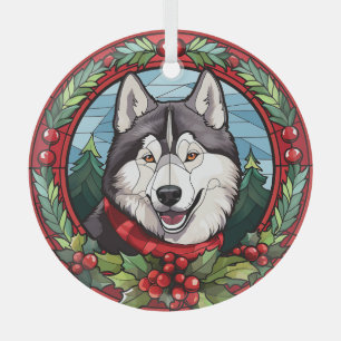 Holly Wreath Siberische Husky Hond Kerstmis Glas Ornament
