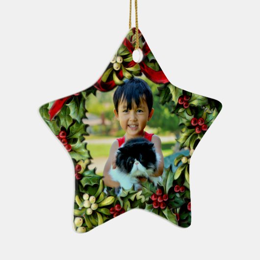 Holly Wreath Star Foto gepersonaliseerd Ornament (Rechts)
