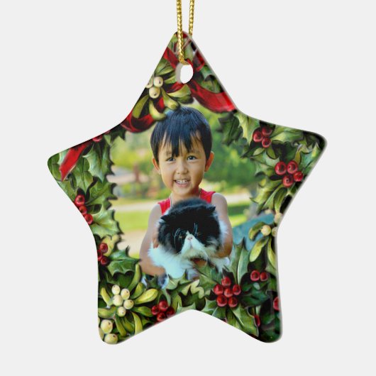 Holly Wreath Star Foto gepersonaliseerd Ornament (Links)