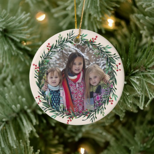 Holly Wreath Voeg je eigen foto kerstmis toe Keramisch Ornament (Boom)