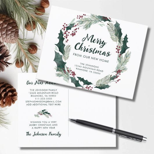 Holly Wreath Vrolijk Kerstfeest van New Home Aankondigingskaart