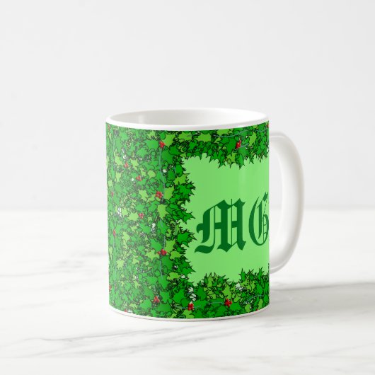 Holly Wreator met Monogram, Deep Green Coffee Mok (Voorkant rechts)