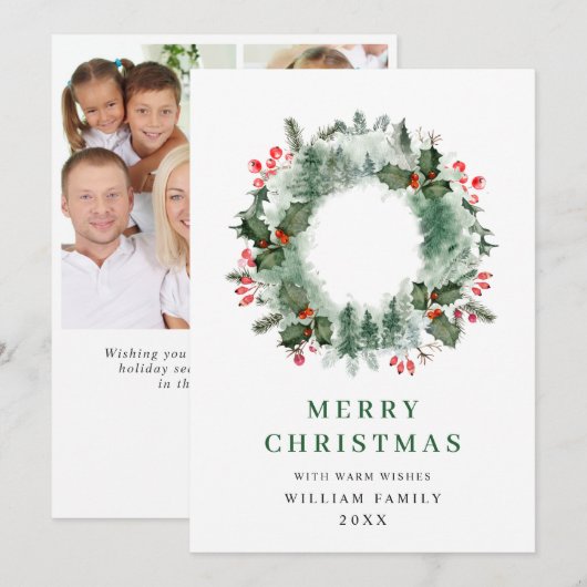 Hollybes Kranz Kerst Groet 3 Foto Feestdagenkaart (Voorkant / Achterkant)