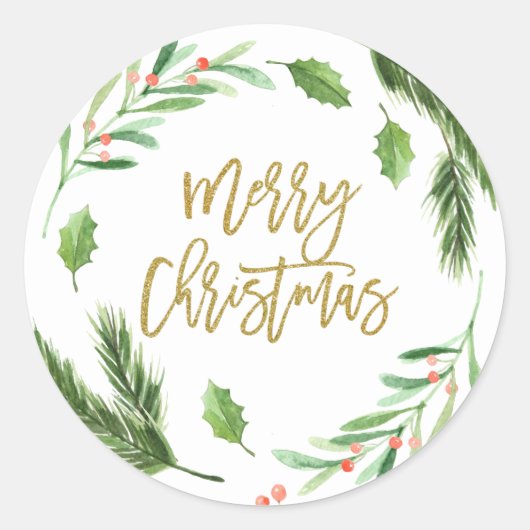 Hollybes Watercolor Kerst Ronde Sticker (Voorkant)