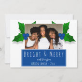 Hollybesplant Bladeren Blauw Foto Feestdagenkaart (Voorkant)