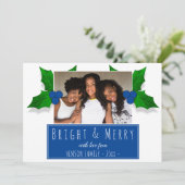 Hollybesplant Bladeren Blauw Foto Feestdagenkaart (Staand voorkant)