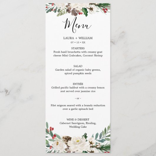 Hollybessen en bloem bruiloft Kerst diner Menu (Voorkant)
