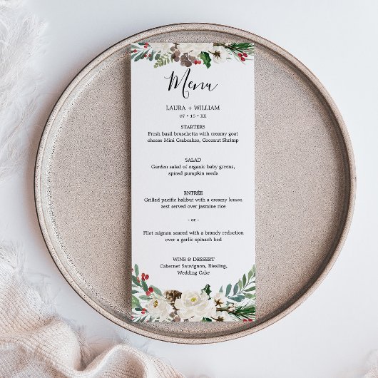 Hollybessen en bloemendiner voor een winterhuwweli menu