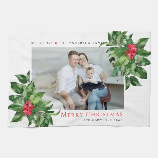 Hollybessen Frame Kerst Persoonlijke Foto Theedoek (Horizontaal)
