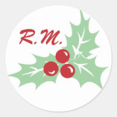 Hollybladeren en Bessen Monogram Kerststicker Ronde Sticker (Voorkant)