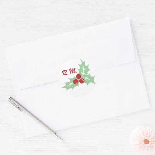 Hollybladeren en Bessen Monogram Kerststicker Ronde Sticker (Envelop)