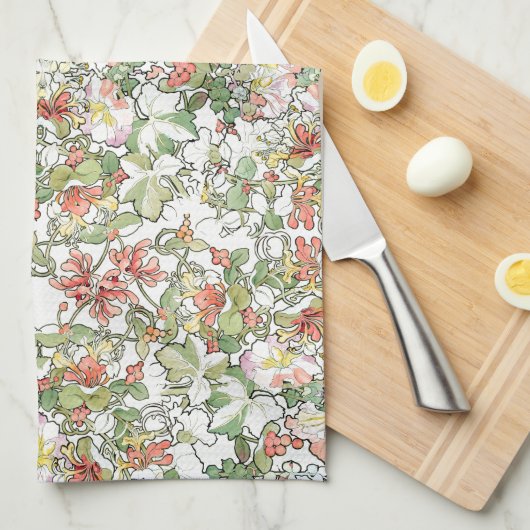 Hollyhock Honeysuckle Floral Mucha Kitchen Towel Theedoek (Quarter Fold)