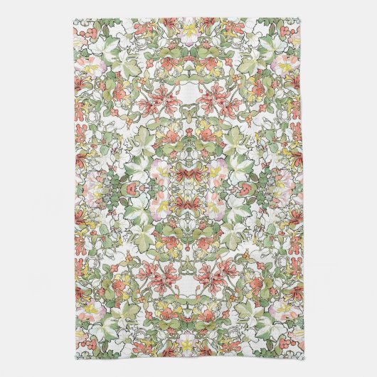Hollyhock Honeysuckle Floral Mucha Kitchen Towel Theedoek (Verticaal)