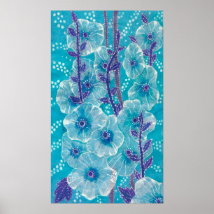 Hollyhock Mallow Malva Flower Floral Collage Blue Poster
