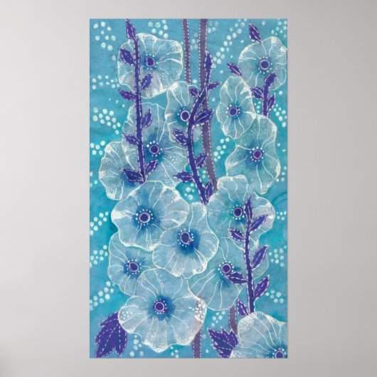 Hollyhock Mallow Malva Flower Floral Collage Blue Poster (Voorkant)