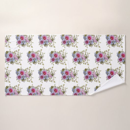 Hollyhocks and Blue Flowers with Bumble BEES Badhanddoek (Badhanddoek)