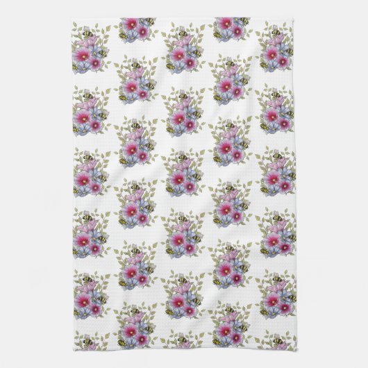 Hollyhocks and Blue Flowers with Bumble BEES Theedoek (Verticaal)