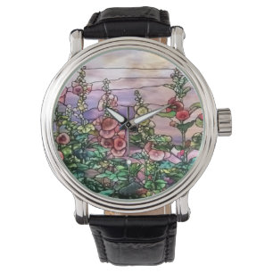 Hollyhocks  Floral Tiffany Glas in lood Horloge
