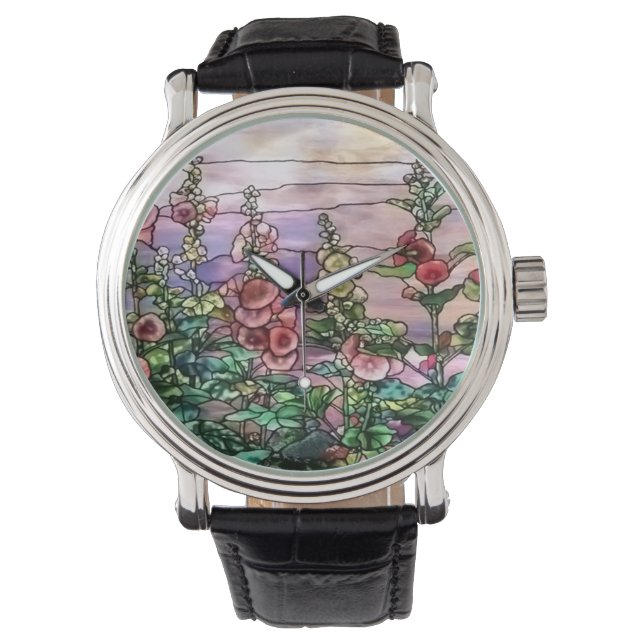 Hollyhocks  Floral Tiffany Glas in lood Horloge (Voorkant)