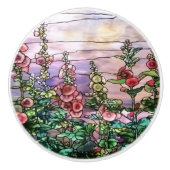 Hollyhocks  Floral Tiffany Glas in lood Keramische Knop (Voorkant)