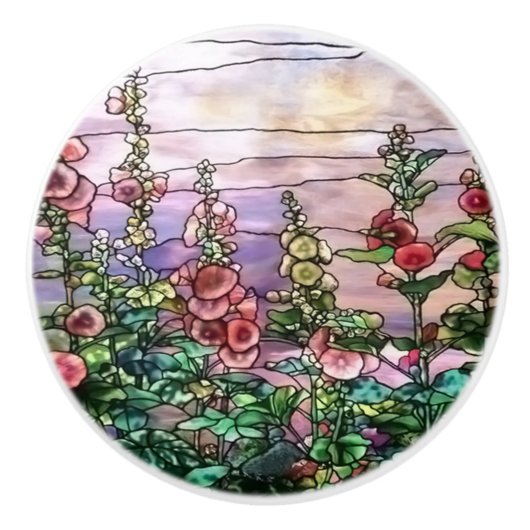 Hollyhocks Floral Tiffany Glas in lood Keramische Knop (Voorkant)