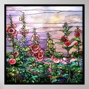 Hollyhocks  Floral Tiffany Glas in lood Poster