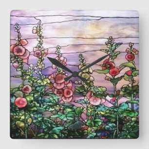 Hollyhocks  Floral Tiffany Glas in lood Vierkante Klok