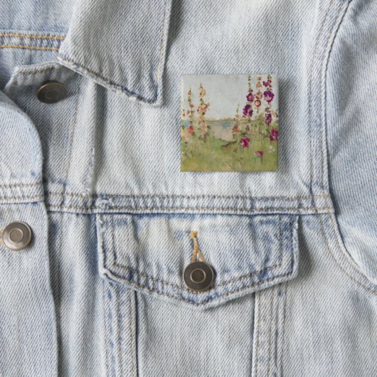 Hollyhocks van het Zee Vierkante Button 5,1 Cm (In situ)